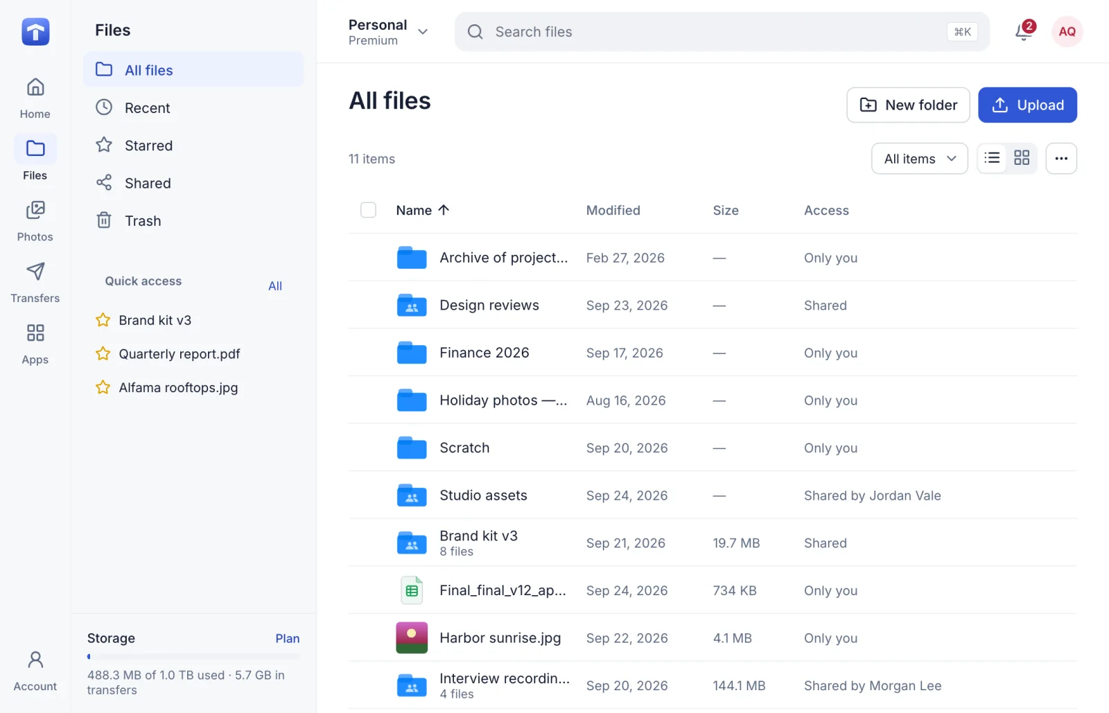 My Files in the TransferSize workspace: folders and files with their size and who can open them