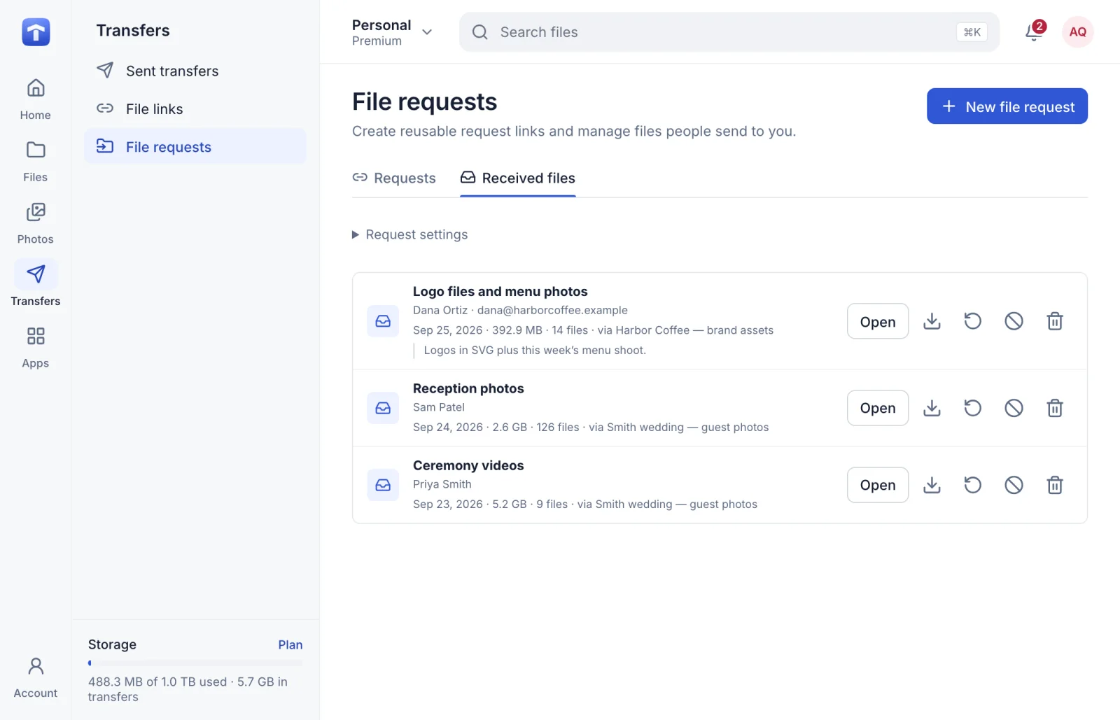 Files received through request links, with who sent them, when and how much