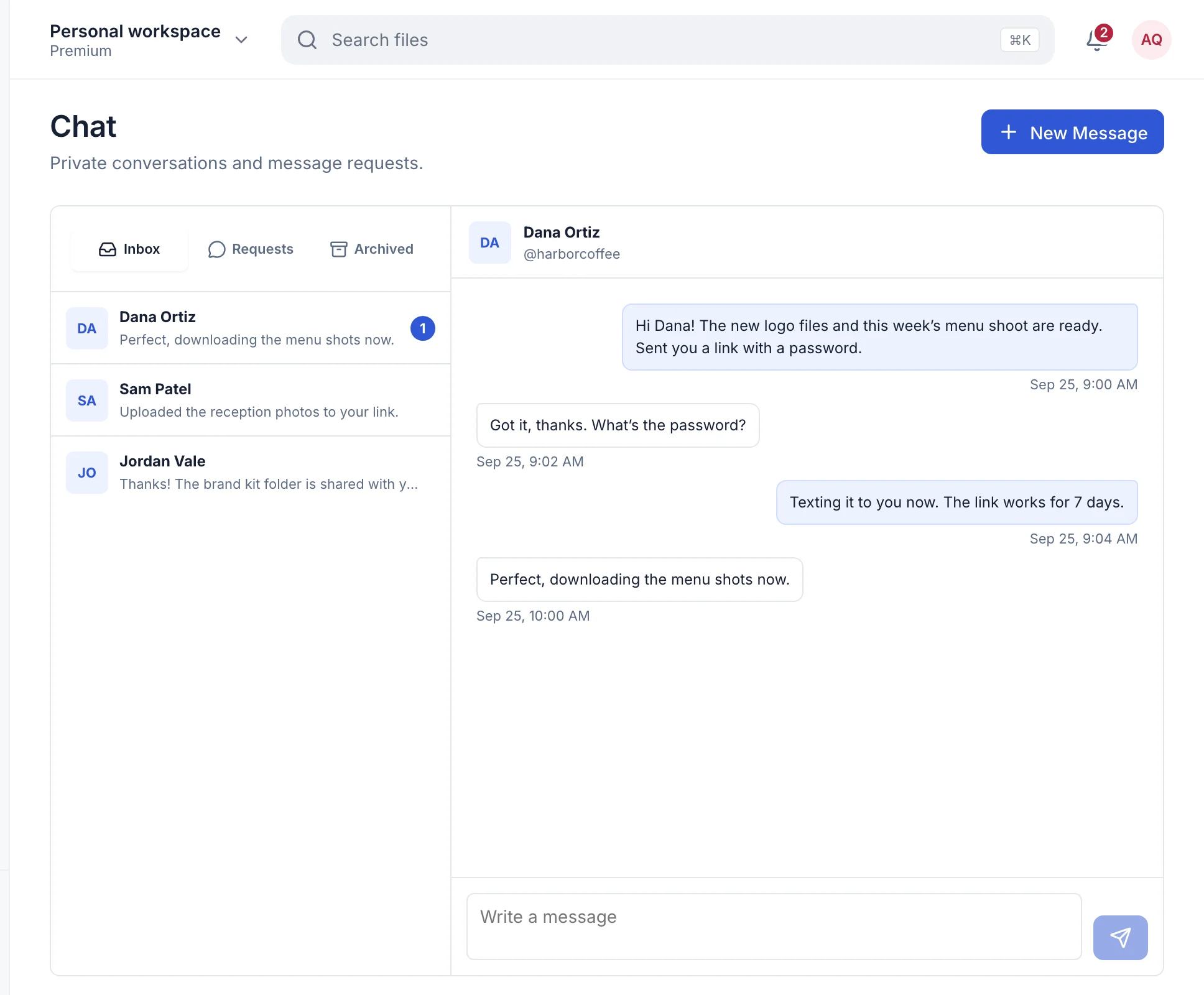 Chat with a conversation list and a private conversation about a shared file