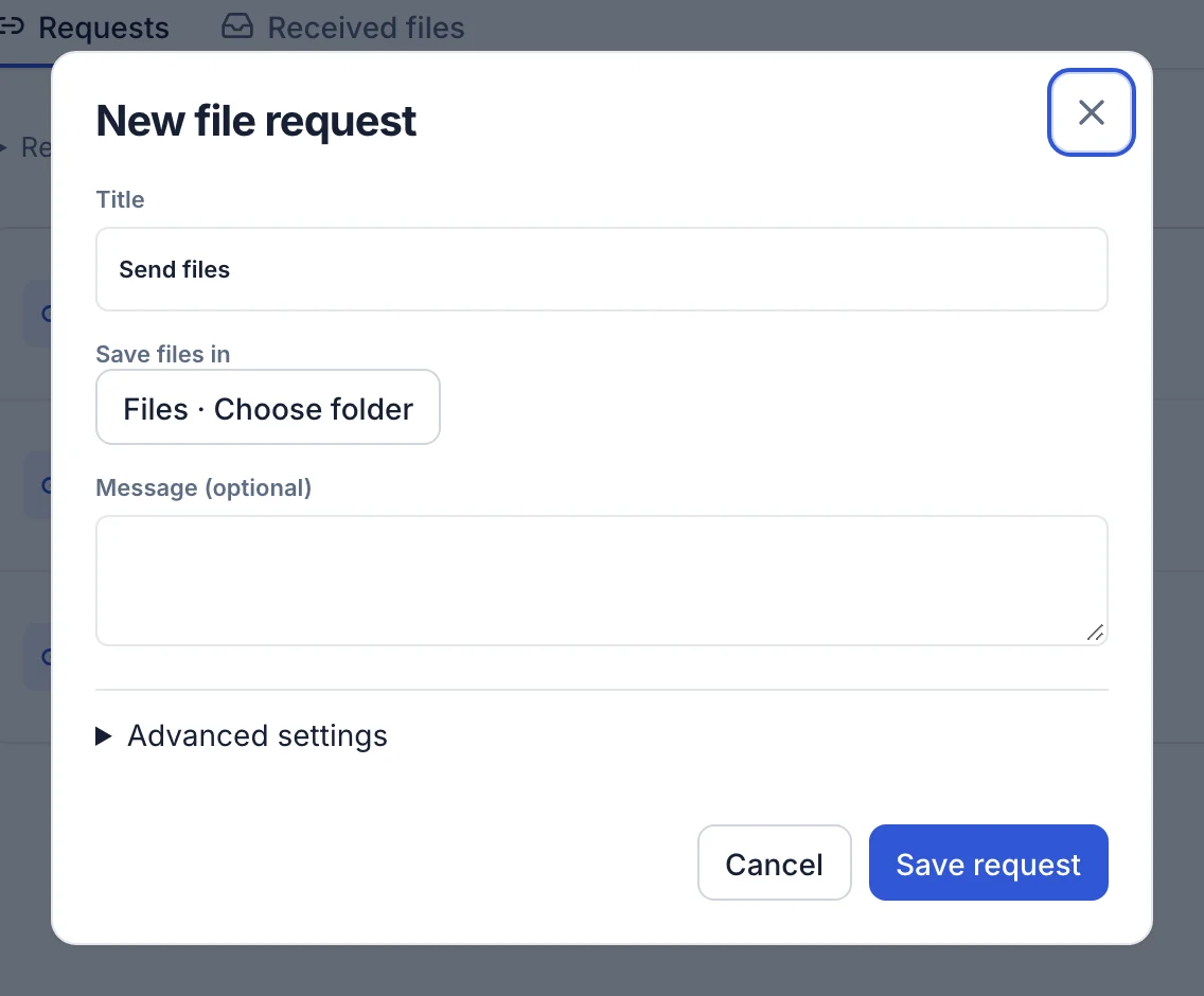 New file request form with a title, destination folder, message and advanced settings
