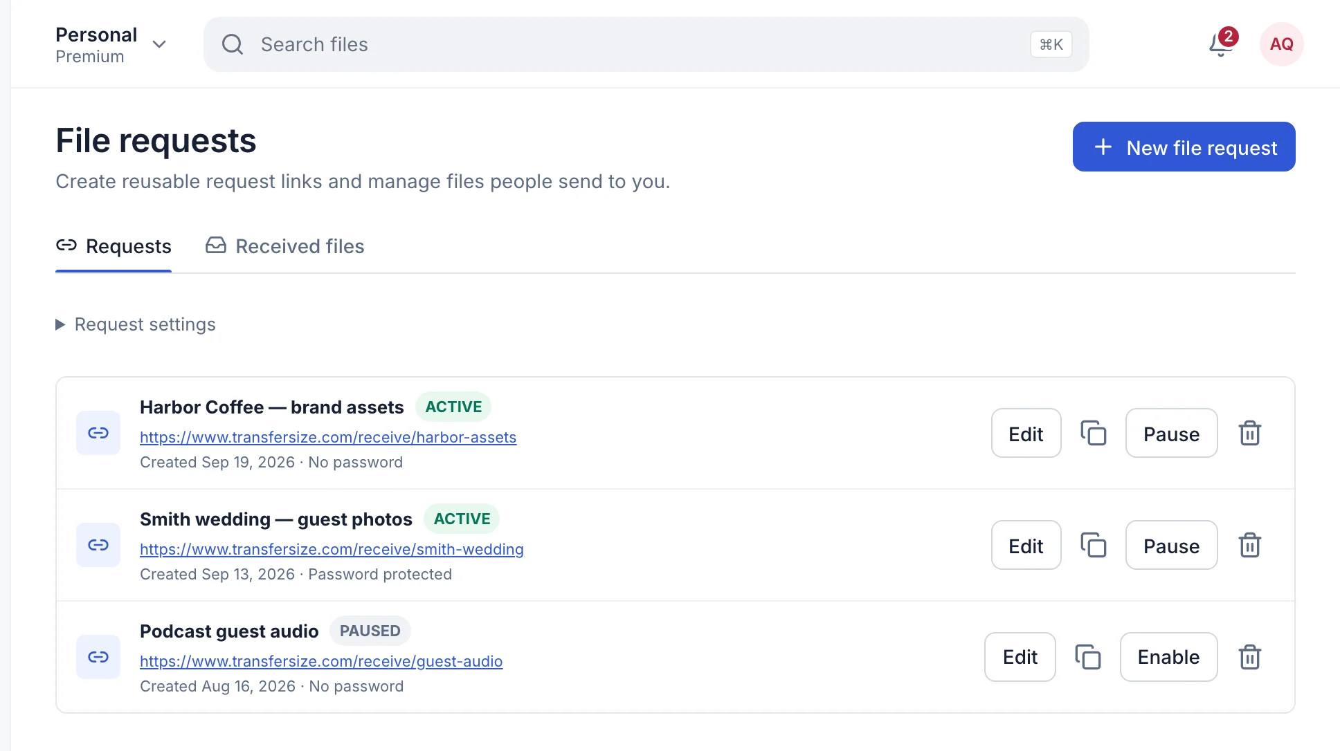 File requests list with three receive links
