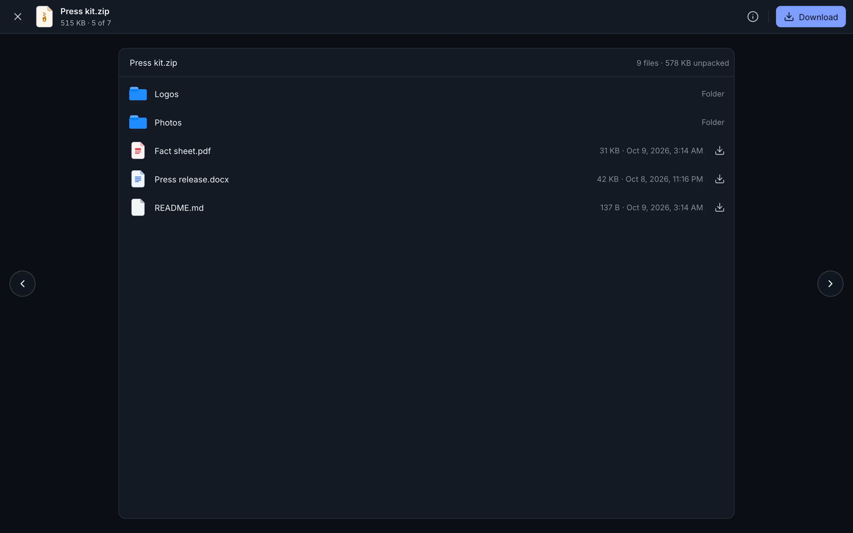 Inside Press kit.zip in the browser: folders, files and their sizes, without downloading the archive