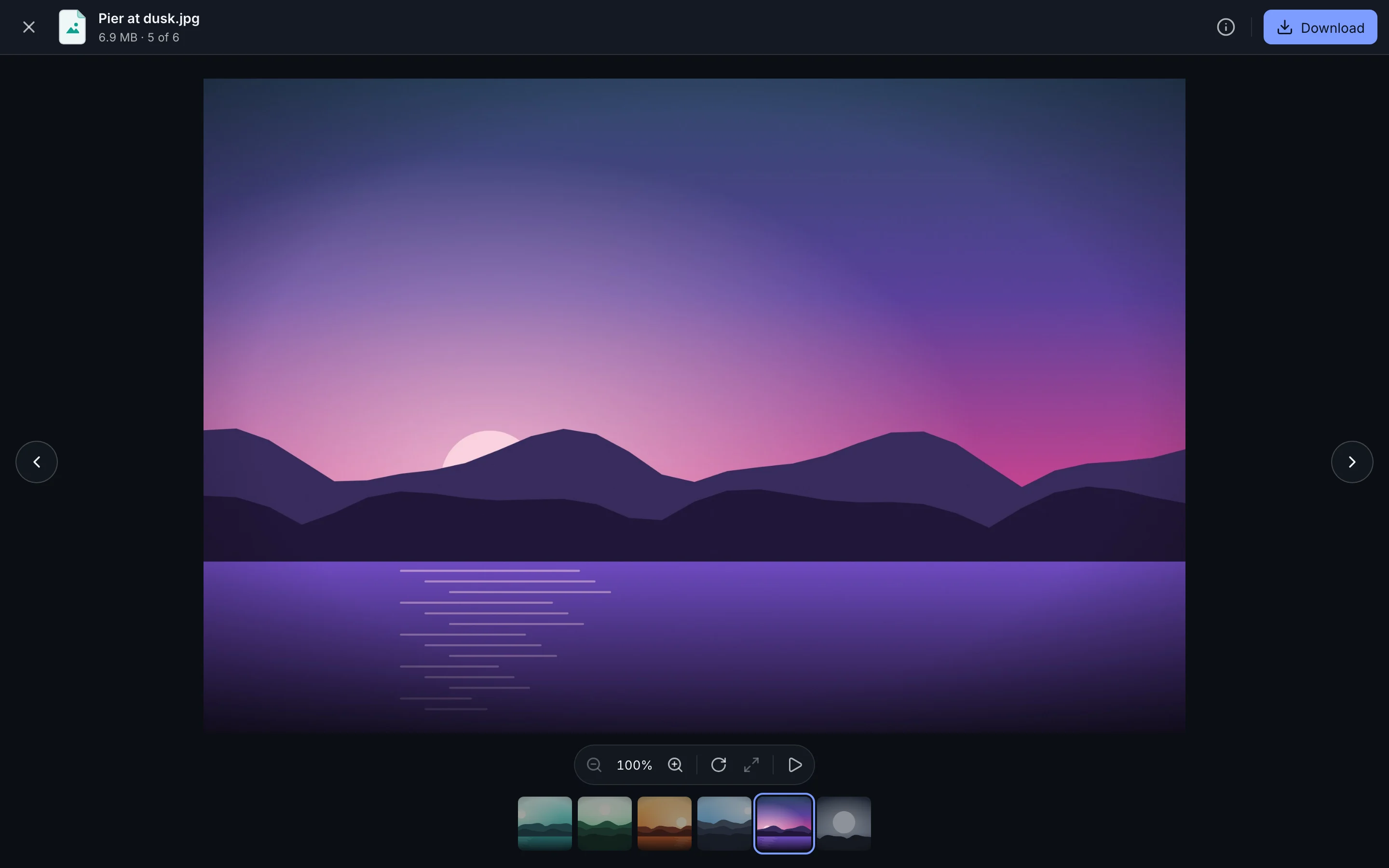 A photo open in the preview with a filmstrip of the other photos along the bottom