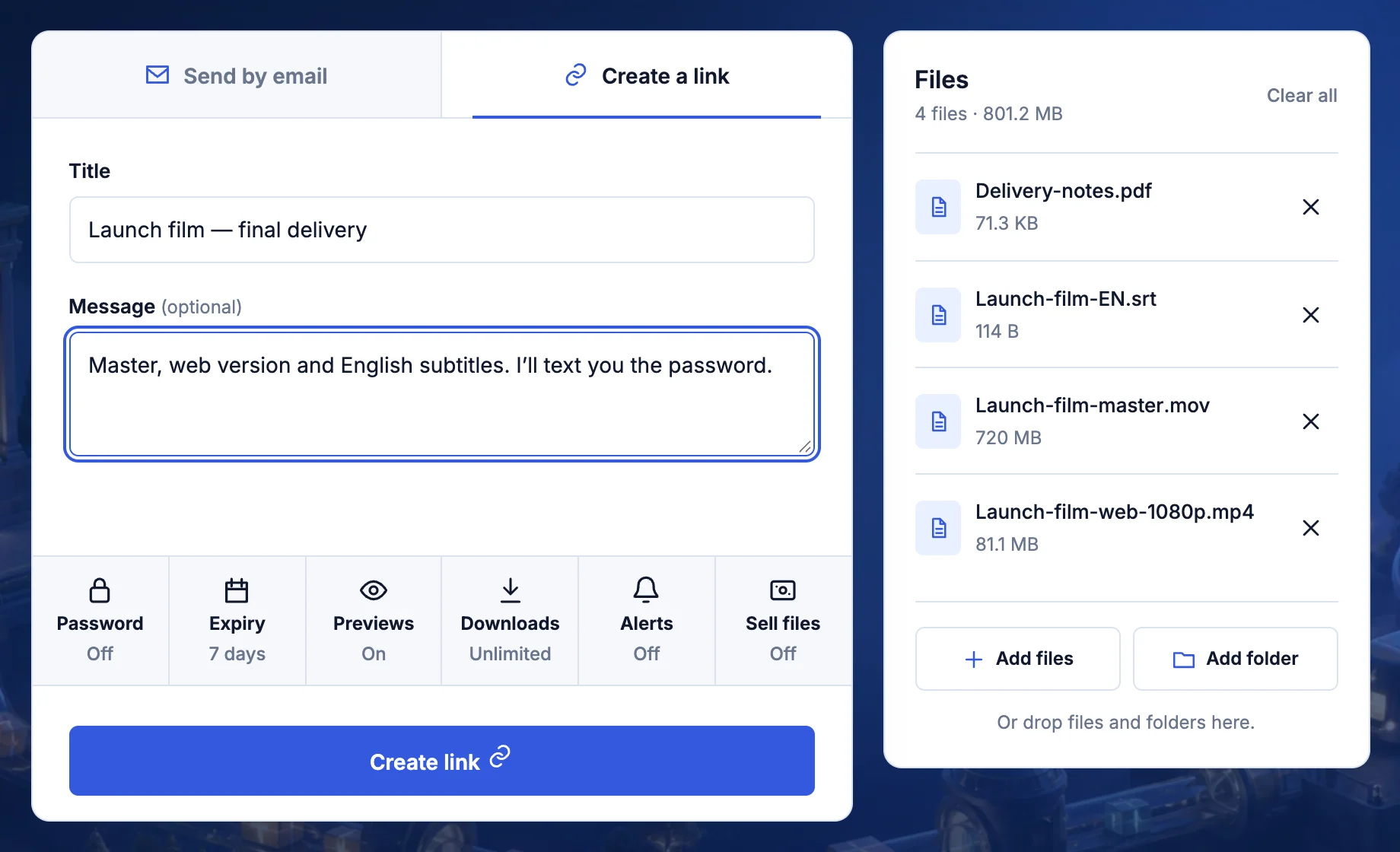 The TransferSize uploader with four files, a title, a message and options for password, expiry, previews, downloads, alerts and selling